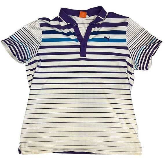 Puma Sport Lifestyle Polo Shirt Size XL Striped White Purple Embroidered Logo - Picture 1 of 7